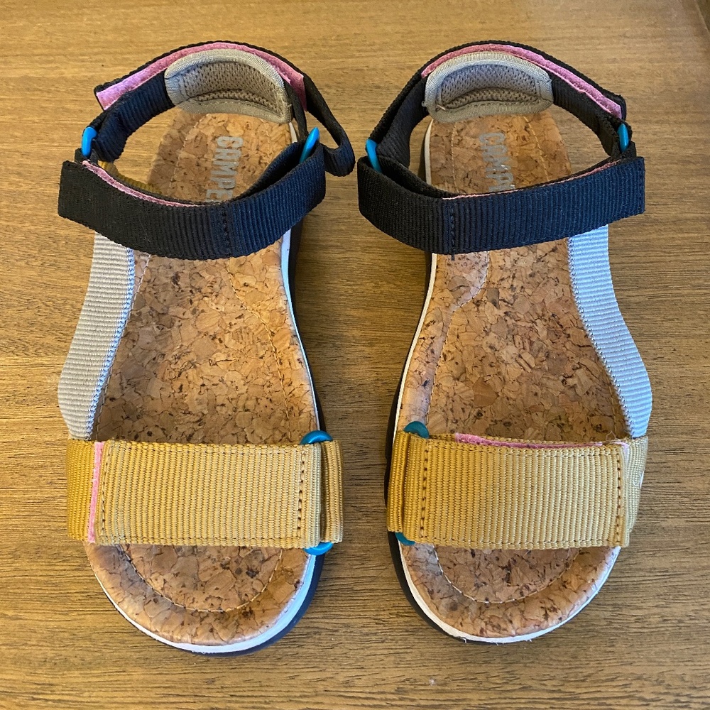 Camper sandals   Multi color velcro strap sandals.